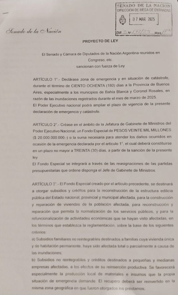 Fondo de emergencia para Bahía Blanca: el proyecto de ley presentado por los senadores radicales y peronistas.