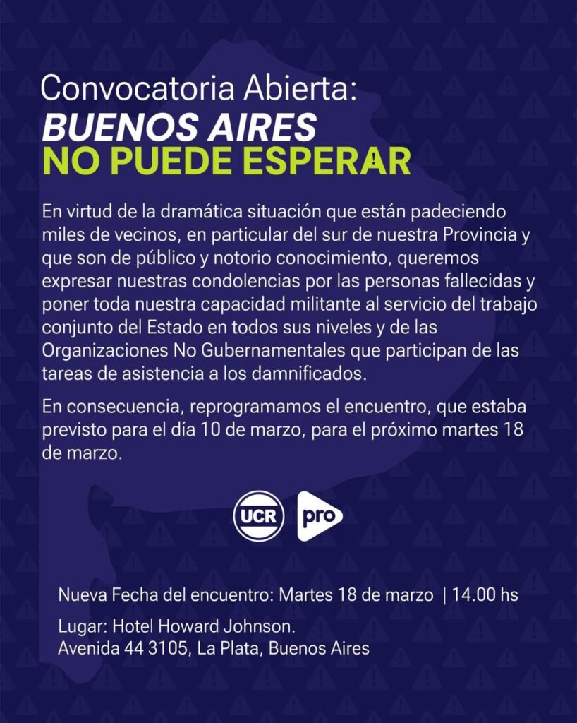 El comunicado del PRO y de la UCR sobre la postergación del encuentro en La Plata.