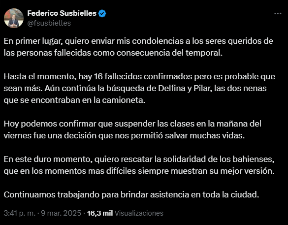 El Gobierno bonaerense confirmó que el número de fallecidos en Bahía Blanca ascendió a 16, mientras que más de 100 personas continúan desaparecidas.