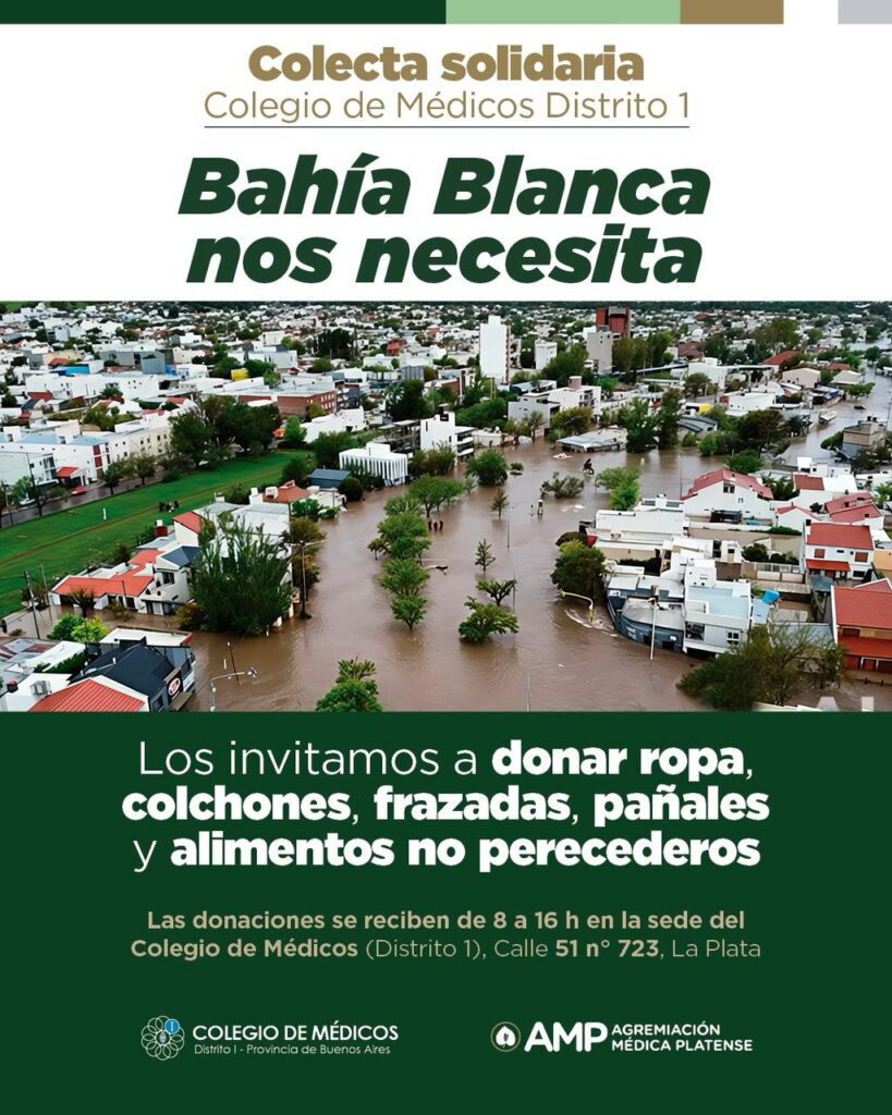 La campaña del Colegio de Médicos bonaerense para ayudar a los damnificados de Bahía Blanca.