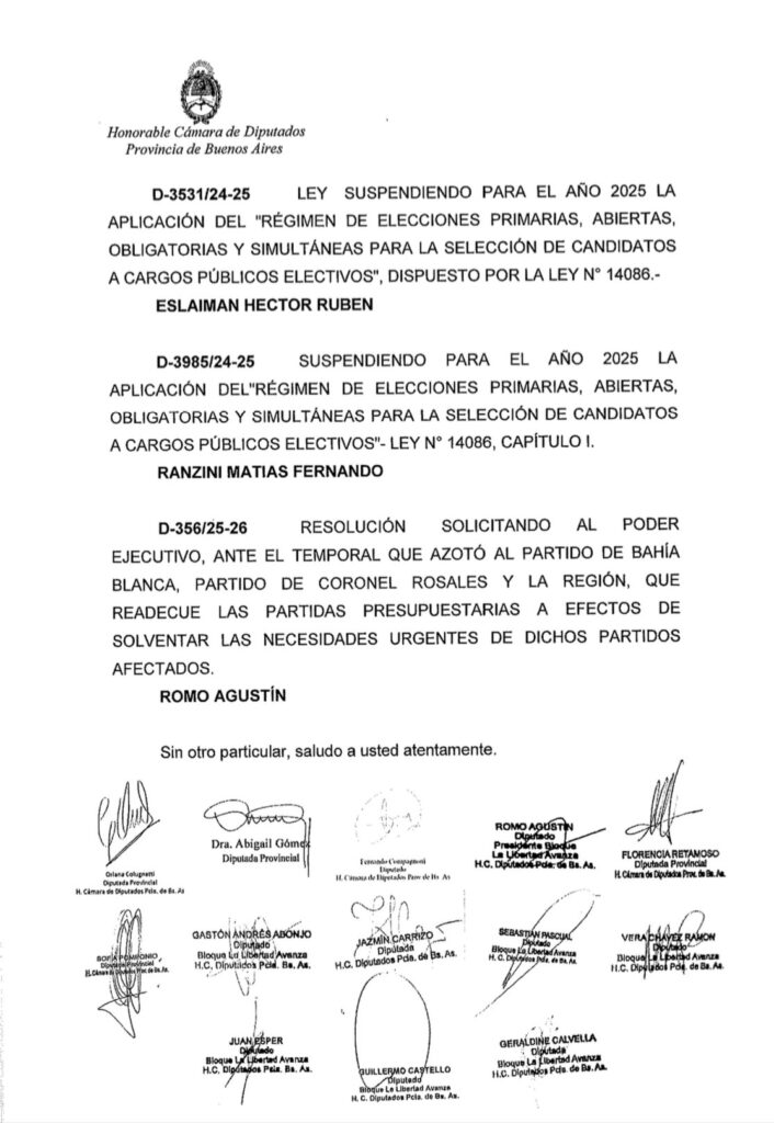 La Libertad Avanza pidió una sesión especial para que la Cámara de Diputados bonaerense trate la suspensión de las PASO. 