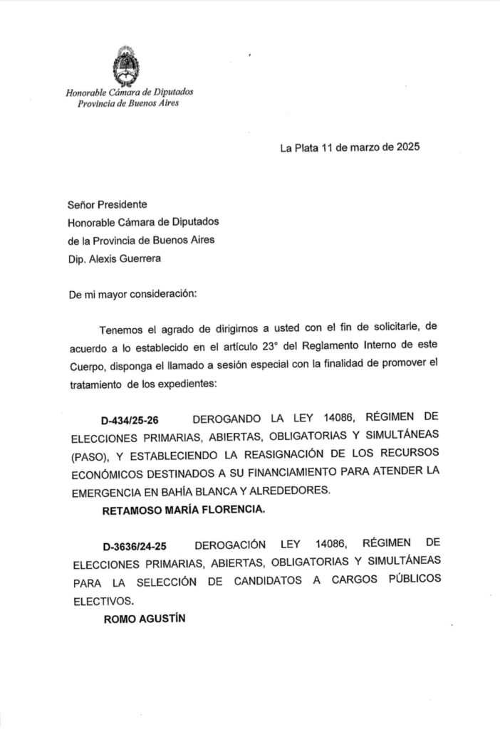 La Libertad Avanza pidió una sesión especial para que la Cámara de Diputados bonaerense trate la suspensión de las PASO. 
