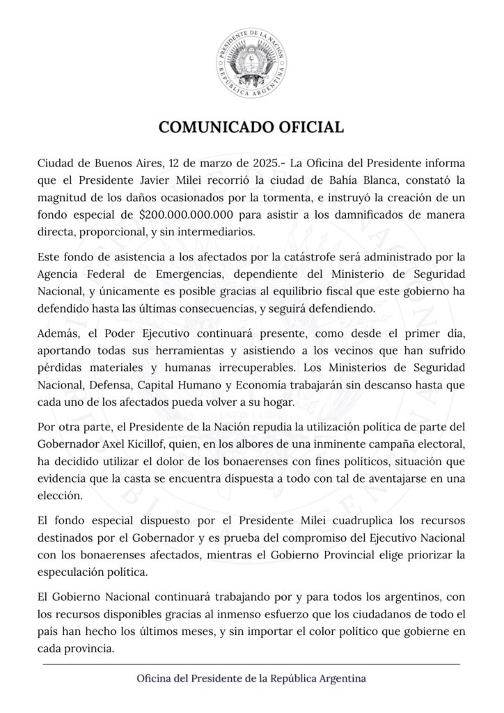 El comunicado del gobierno de Milei sobre la creación de un fondo especial por $200.000 millones.