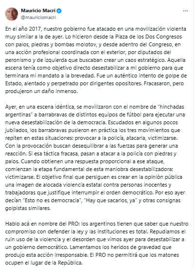 El mensaje de Macri sobre la represión policial en la marcha de jubilados.