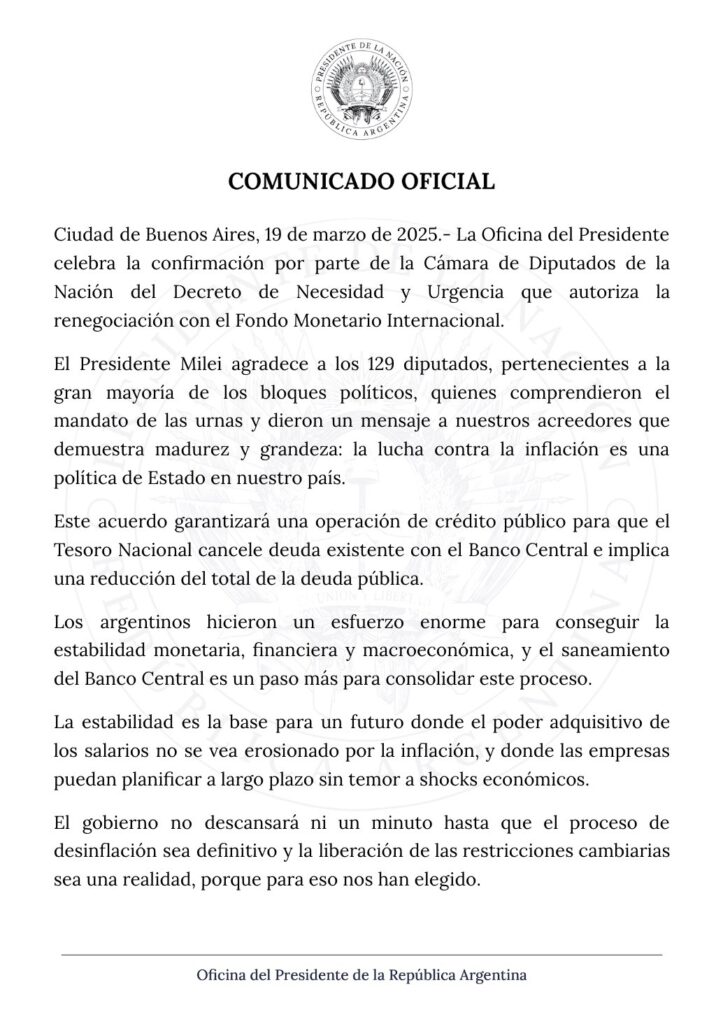 Acuerdo con el FMI: el comunicado del Gobierno que celebra la votación de Diputados.