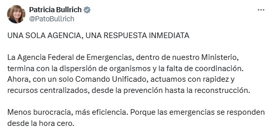 La ministra de Seguridad, Patricia Bullrich, tendrá en su órbita la administración de la Agencia Federal de Emergencias.