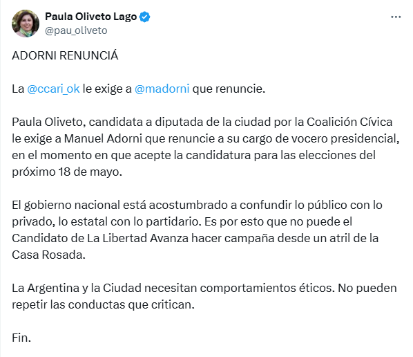 Paula Oliveto exigió la renuncia de Adorni a su cargo en Casa Rosada.