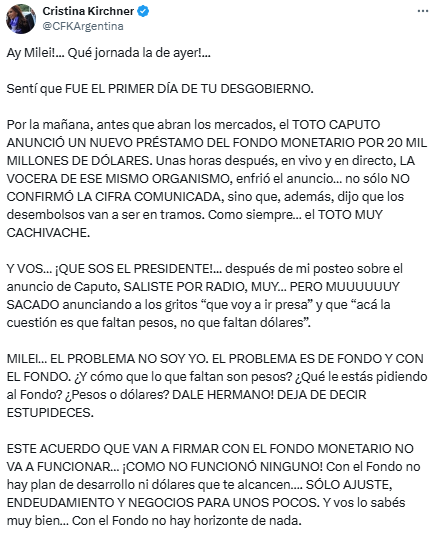 Cristina Kirchner volvió a arremeter contra Javier Milei, y el titular del Palacio de Hacienda, Luis  Caputo, por el acuerdo con el FMI.