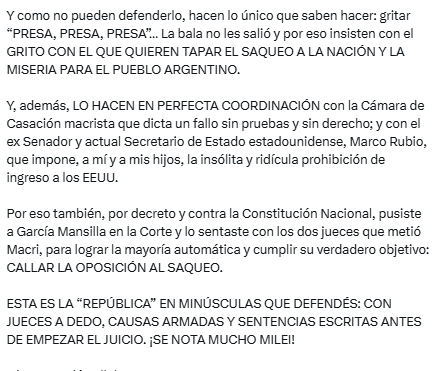 Cristina Kirchner volvió a arremeter contra Javier Milei, y el titular del Palacio de Hacienda, Luis  Caputo, por el acuerdo con el FMI.