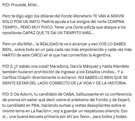 Cristina Kirchner volvió a arremeter contra Javier Milei, y el titular del Palacio de Hacienda, Luis  Caputo, por el acuerdo con el FMI.