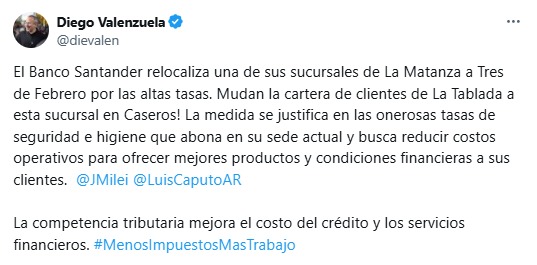 Valenzuela apuntó a Espinoza por un nuevo banco que traslada una sede de La Matanza a Tres de Febrero.