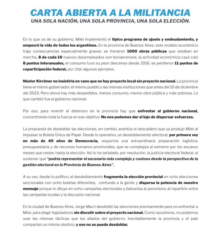 La carta del kirchnerismno en contra del desdoblamiento que pide Kicillof.