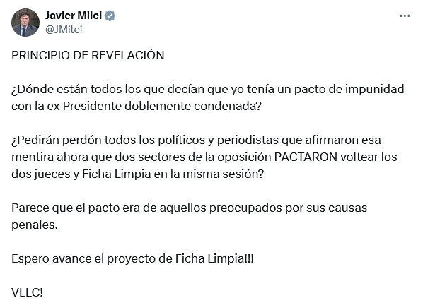 Milei reaccionó a la derrota en el Senado con una serie de mensajes dónde acusó al kirchnerismo y el PRO de haber frenado el debate de Ficha Limpia.