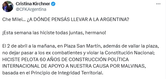 El comienzo del posteo de Cristina Kirchner, en el que profundizó sus críticas hacia la política exterior de Milei.