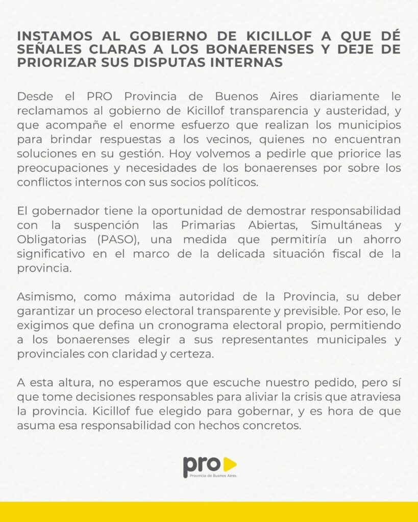 El comunicado del PRO bonaerense frente al anuncio del Gobernador.
