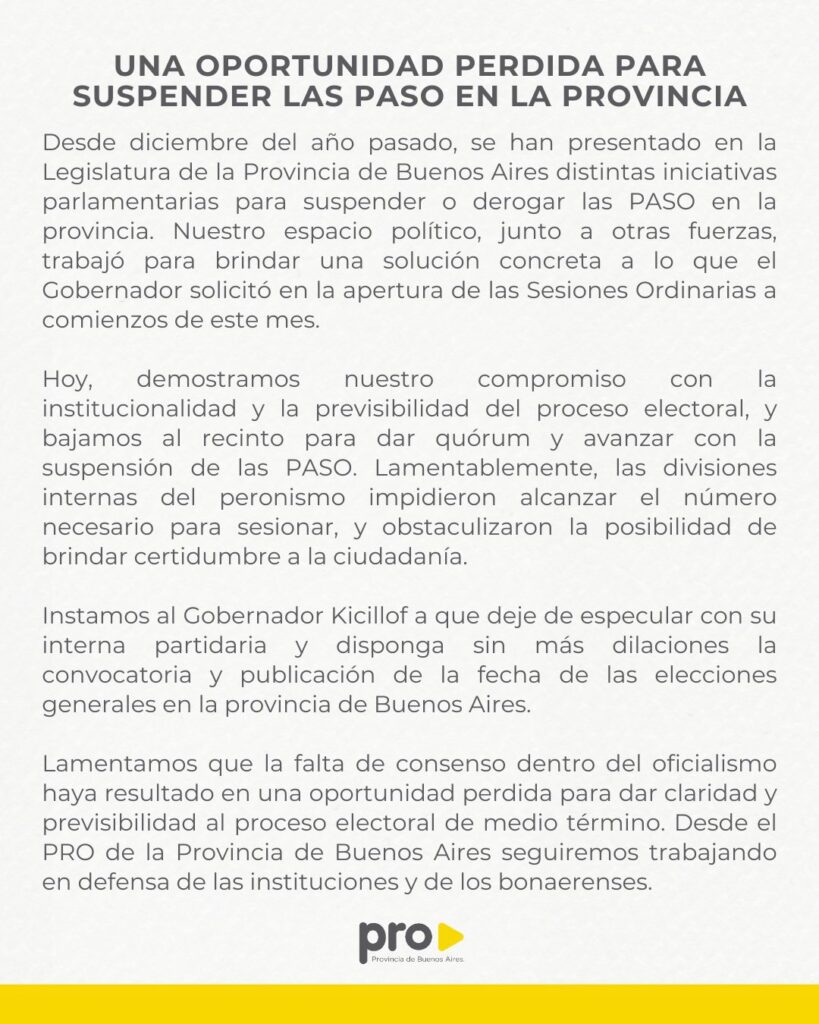 El comunicado del PRO bonaerense frente al anuncio del Gobernador.