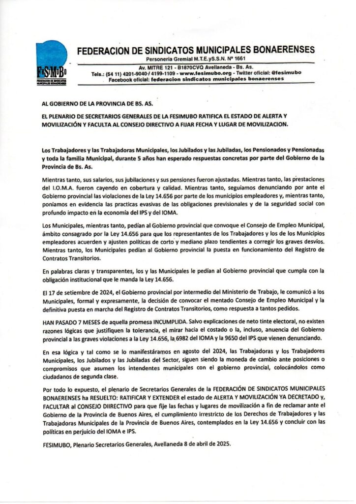 El comunicado de los municipales bonaerenses hacia la gestión Kicillof.