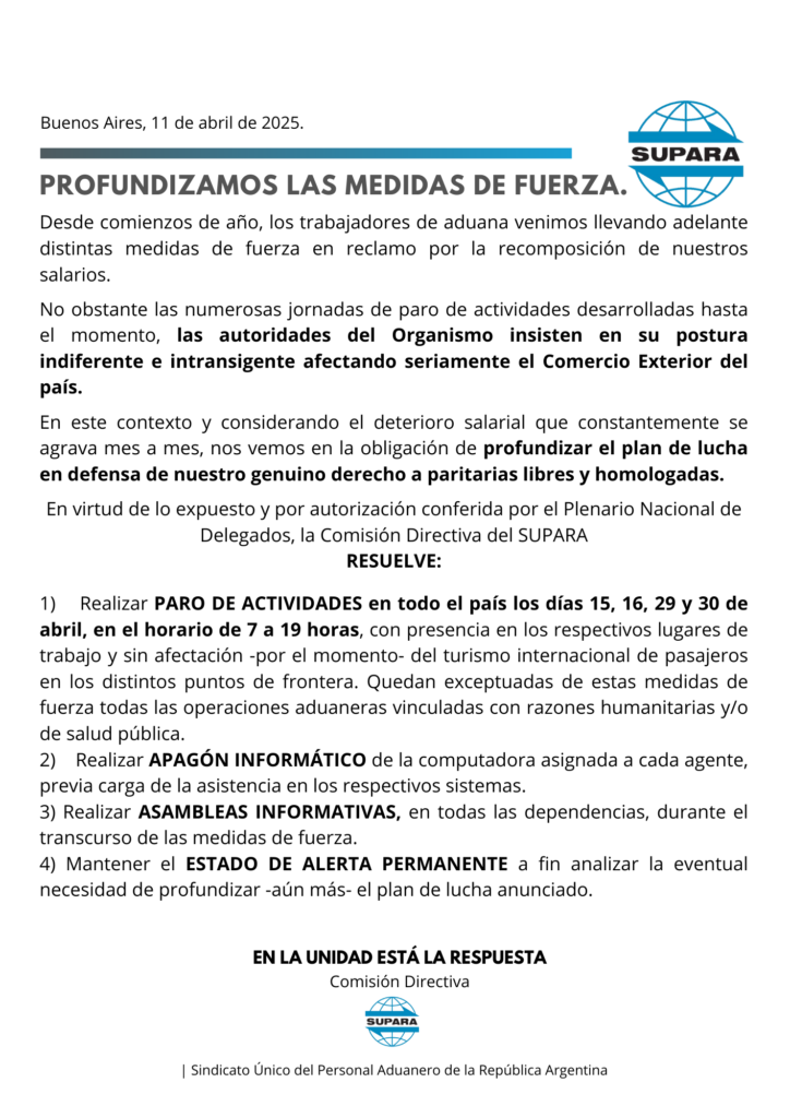 Paro nacional de Aduana: el comunicado oficial del Sindicato Único del Personal Aduanero de la República Argentina (SUPARA).