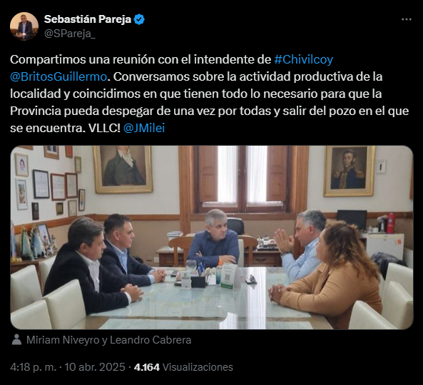 El presidente de La Libertad Avanza (LLA) en la provincia de Buenos Aires subió a sus redes sociales, una postal de su encuentro con el intendente de Chivilcoy.