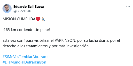El mensaje de Bali Bucca tras terminar una maratón de 32 horas para concientizar sobre el Parkinson.