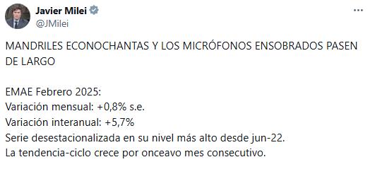 El presidente Javier Milei destacó los números de actividad económica de febrero.