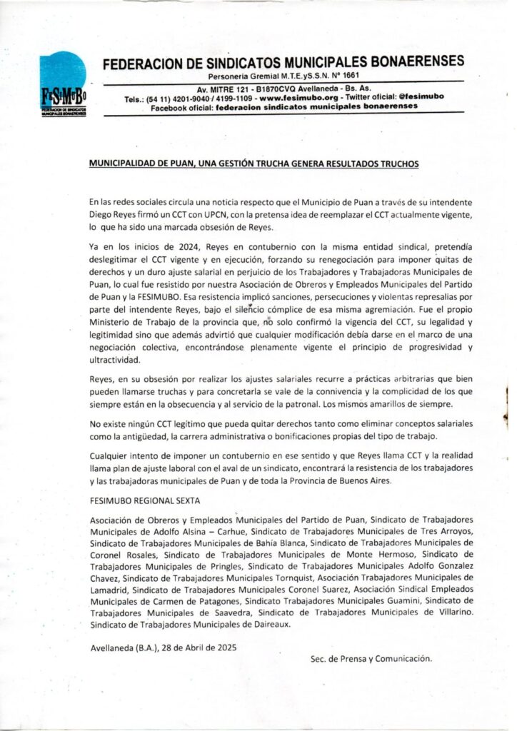 El comunicado completo de FESIMUBO contra el nuevo CCT firmado por UPCN y Reyes. 