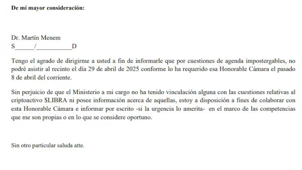 La nota de Luis Caputo excusándose de no estar en la sesión informativa por el caso $LIBRA.