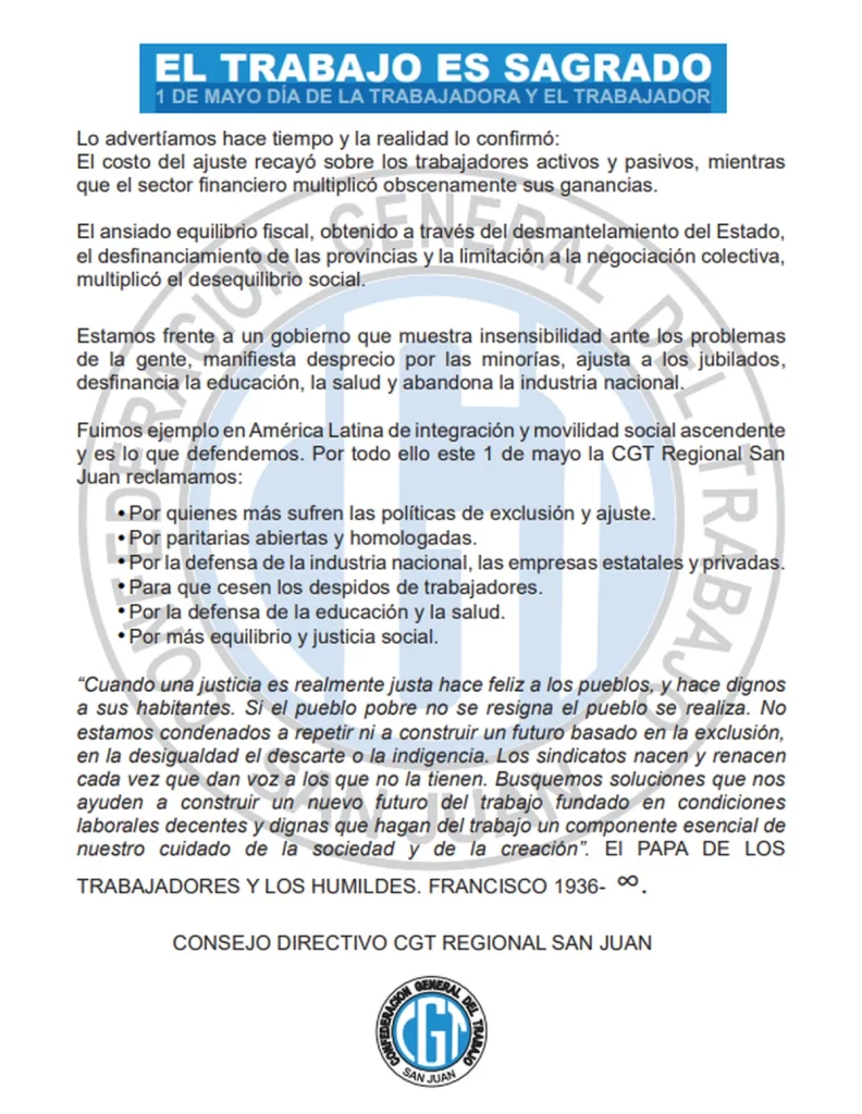 El comunicado publicado por la CGT en el marco del Día del Trabajador.