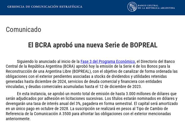 El comunicado del Banco Central sobre la emisión de la Serie 4 de los BOPREAL.