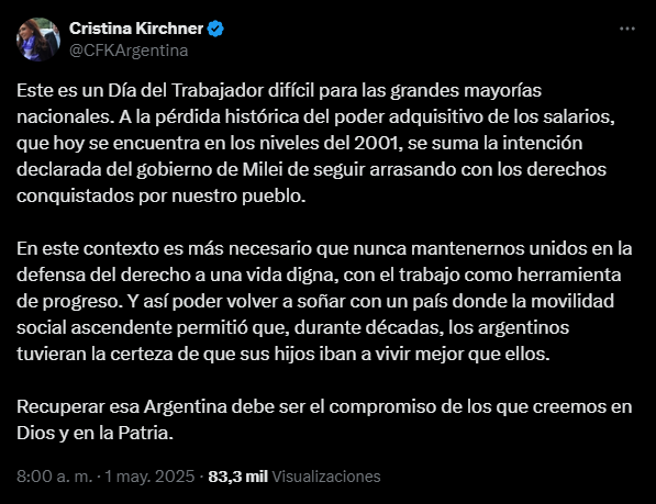El posteo de Cristina Kirchner, con motivo del Día del Trabajador.