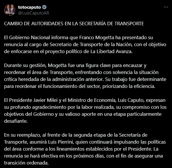 El mensaje con el que Caputo despidió a Mogetta y anunció la llegada de Pierrini.