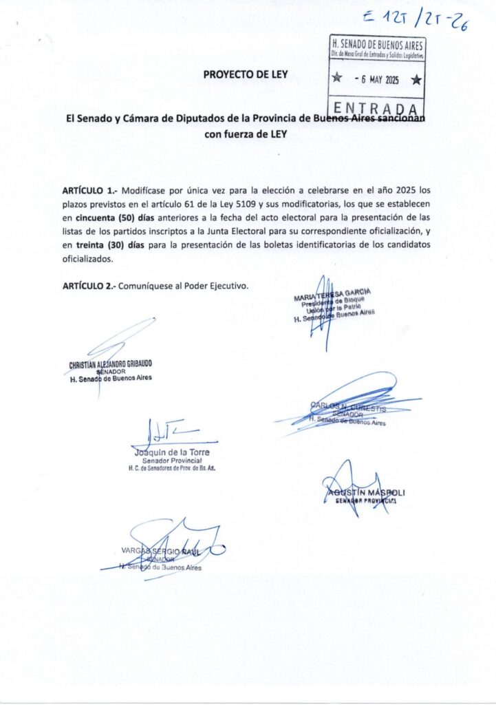 Los jefes de bloque del Senado presentaron el proyecto unificado por los plazos electorales para que apruebe la Legislatura bonaerense.