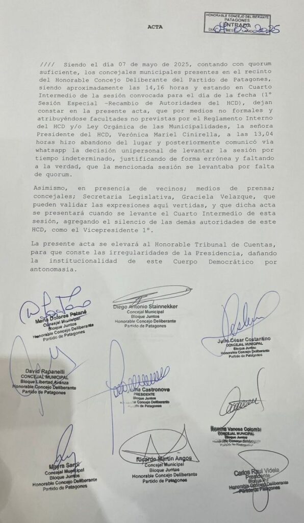 El acta de Juntos sobre la polémica sesión del Concejo de Patagones.