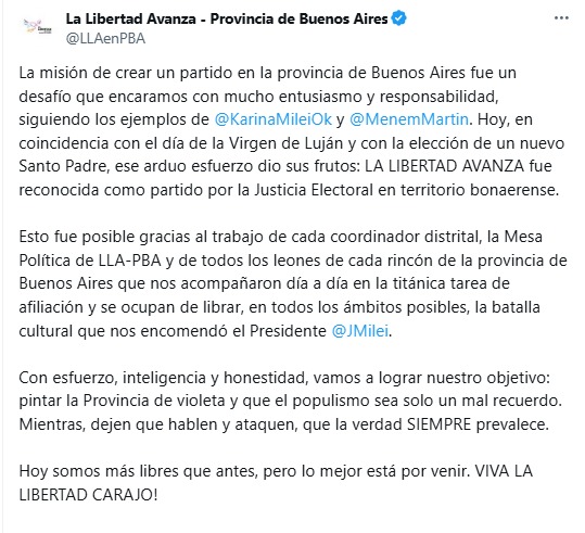 La Libertad Avanza celebró la validación del sello político en la provincia de Buenos Aires.