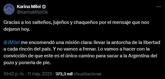 La dirigente nacional de La Libertad Avanza (LLA), Karina Milei celebró los buenos resultados electorales a través de sus redes sociales.