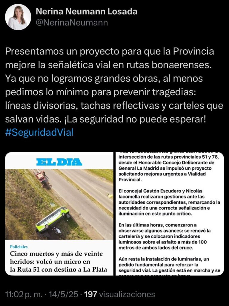 El posteo de la senadora Neumann sobre el estado de las rutas bonaerenses.