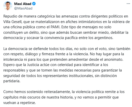 El senador nacional Maximiliano Abad condenó las amenazas de muerte en Villa Gesell.