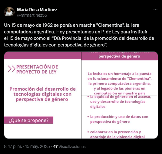 Programa Clementina: El posteo de la legisladora Martínez, que promueve el desarrollo tecnológico con perspectiva de género.