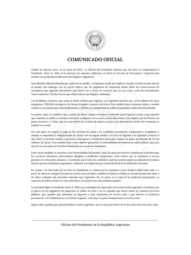 Comunicado oficial de la Oficina del Presidente, sobre la reforma migratoria de Milei. 