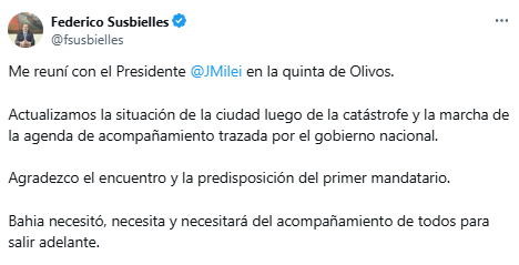 El mensaje del intendente de Bahía Blanca tras la reunión con Milei.