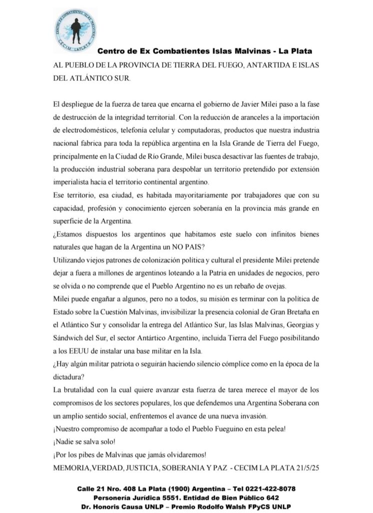 El comunicado de los excombatientes de Malvinas contra Javier Milei.
