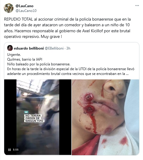 Laura Cano y Eduardo Belliboni repudiaron la brutal represión policial a vecinos de un comedor en Quilmes.