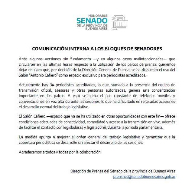 Comunicado del Senado bonaerense, a cargo de Veronica Magario, donde prohíbe a periodistas cubrir desde los palcos.