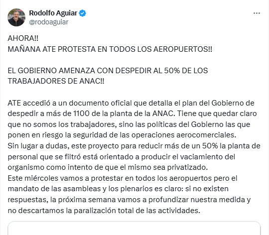 Aguiar anunció a través de sus redes sociales el paro total en aeropuertos que comenzará este miércoles 4 de junio. 