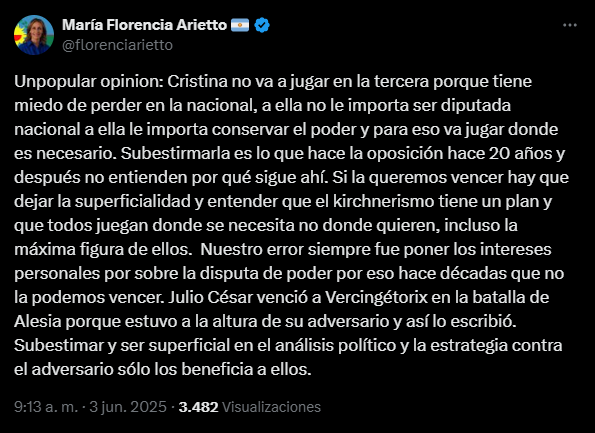 La senadora provincial, Florencia Arietto, eligió utilizar una alegoría para graficar el retorno político de Cristina Kirchner en la Tercera Sección Electoral. 