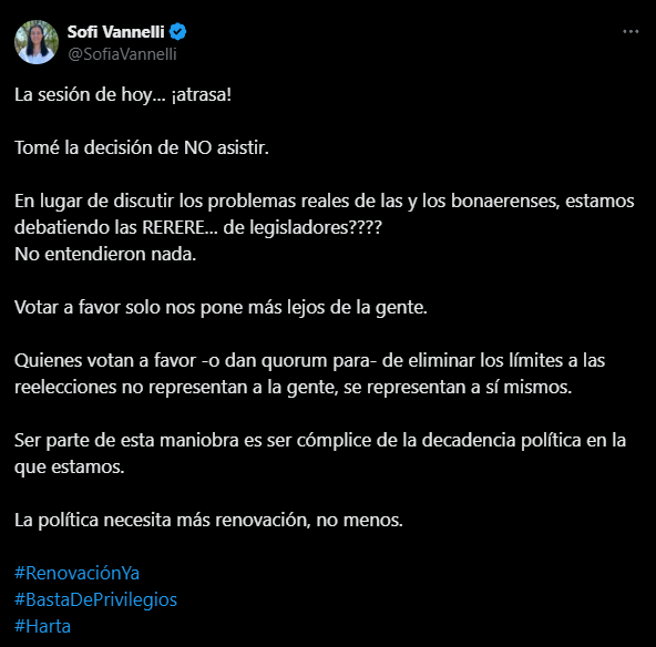La senadora Sofía Vannelli rechazó la sesión por las reelecciones indefinidas. 