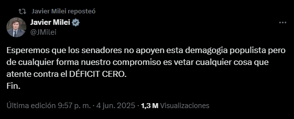 El posteo del presidente Javier Milei que anticiparía un posible veto al aumento de jubilados. 