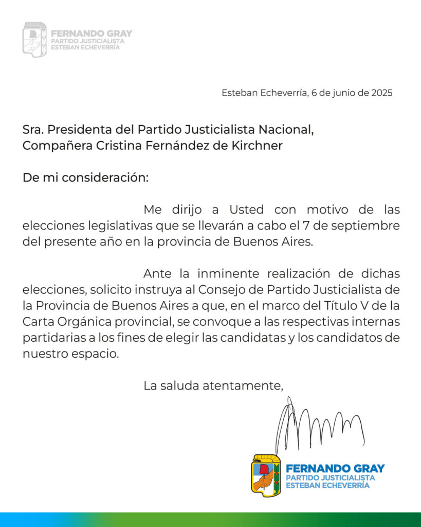 El pedido del intendente Fernando Gray para dirimir las candidaturas bonaerenses en internas.