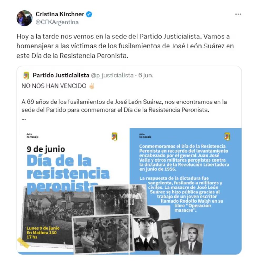 Cristina Kirchner confirmó su presencia en el acto del PJ a través de las redes sociales.