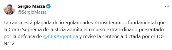 El mensaje de apoyo de Sergio Massa para con Cristina Kirchner.